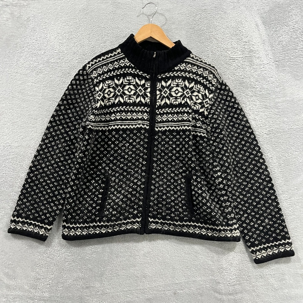 Jones New York Cardigan Sweater Women PL Black Geometric Wool Full Zip Mock Neck